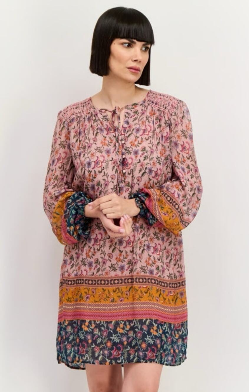 Johnny Was Maha Boho Mini Dress Embroidered Long Sleeve Sz M Flowy